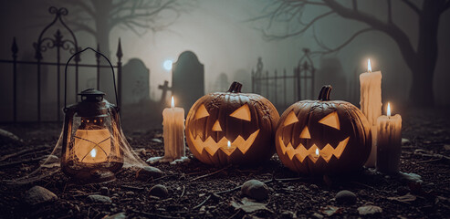 Jack-o'-lanterns, candles, and lantern in a graveyard setting with fog, arranged in a spooky Halloween scene with glowing shadows, misty lighting, and an eerie haunted composition.