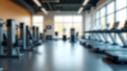 Fototapeta premium Blurred image of a gym area with dumbbell racks, bench press station, metallic tones, suitable for use as a bodybuilding advertisement background.