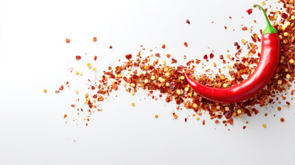 Red chili pepper with crushed flakes on white background creating spicy and vibrant food concept with bright red and orange colors for cooking and seasoning inspiration