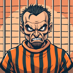 Naklejka premium convicted felon angry faced in striped and orange prison cloth vector illustration