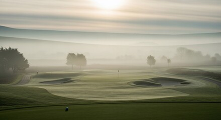 A serene golf course bathed in the soft glow of morning sunlight, with rolling fairways and greens shrouded in a gentle mist, creating a tranquil and atmospheric landscape.