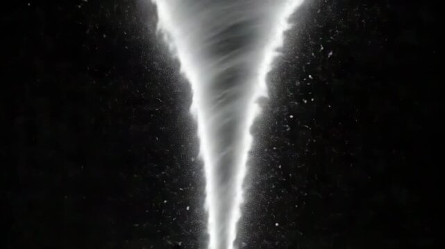A striking tornado formation is captured with swirling winds and dramatic lighting against a dark background, illustrating nature's raw power