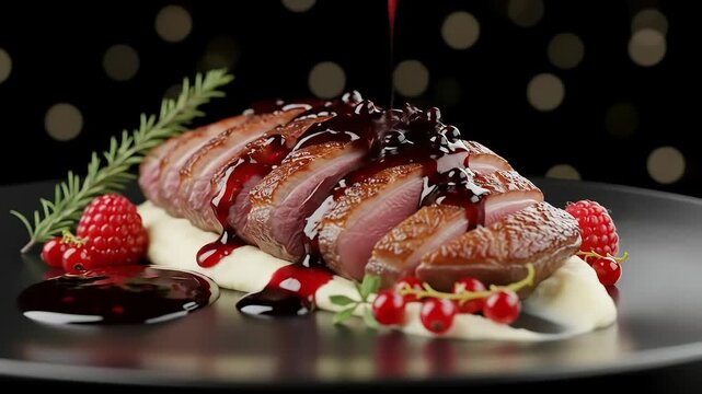 Gourmet roasted duck breast being glazed with a rich red berry sauce for a fine dining meal.