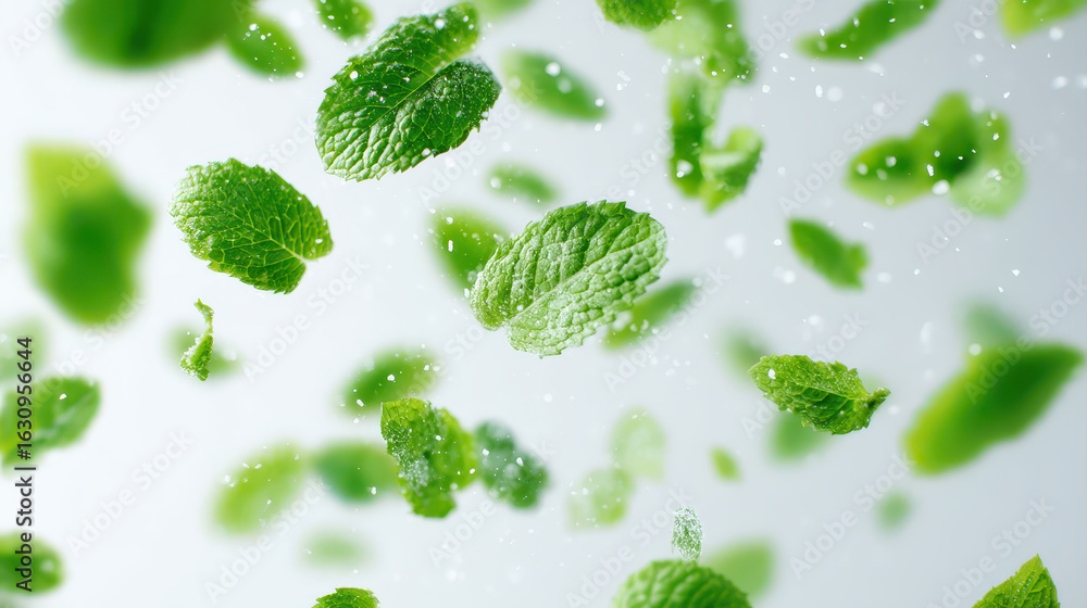 Poster fresh green mint leaves float in air with tiny white particles creating refreshing and natural atmos