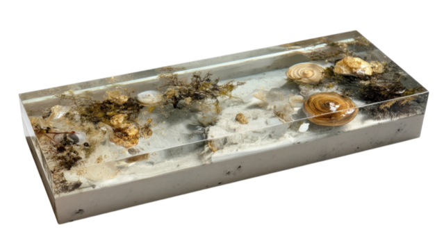 Artistic Resin Display with Shells and Marine Elements on Surface