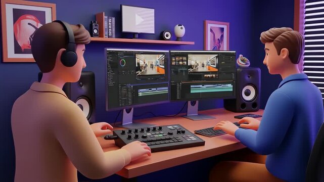 3d illustration of two cartoon video editors are working on a post production project, using a computer with two monitors, keyboard, mouse, and speakers in a dark room