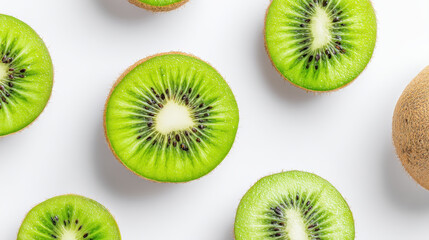 Fototapeta premium Fresh green kiwi fruit slices arranged on white background showing vibrant texture and seeds with natural juicy appearance for healthy food and nutrition concept