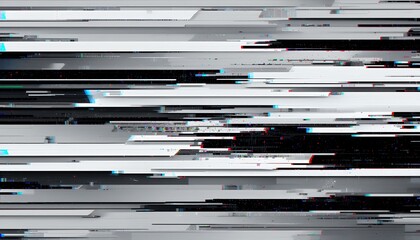 Abstract digital glitch background with horizontal black and white distorted lines creating a