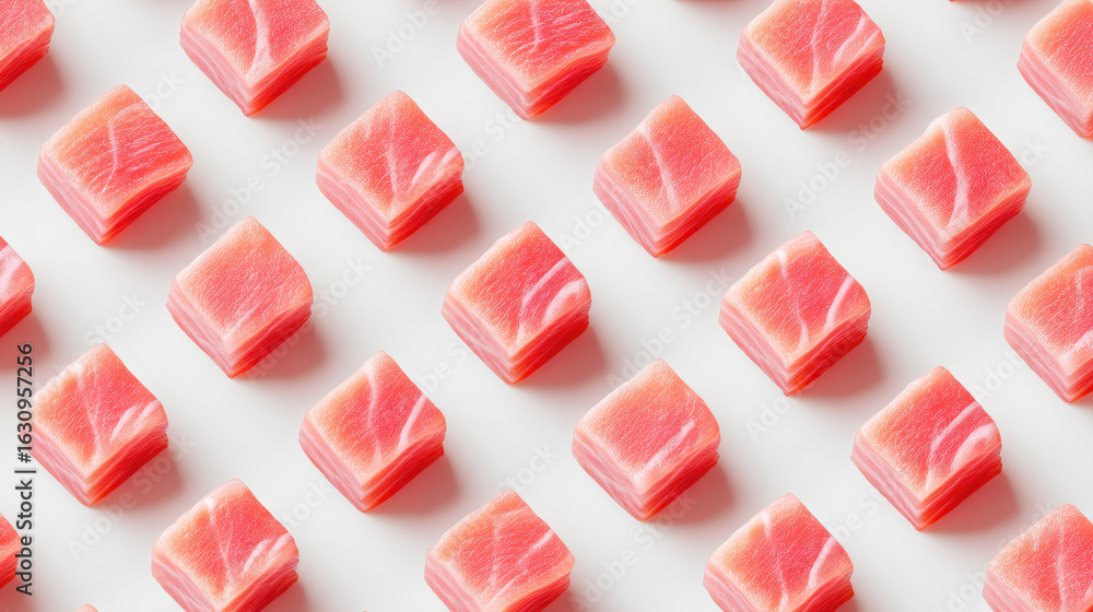 Poster fresh pink tuna cubes arranged in pattern on white surface, showcasing texture and color of raw fish