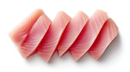 Fresh raw tuna slices arranged in row showing texture and color of fish meat perfect for culinary use and healthy meal preparation with vibrant pink and red hues