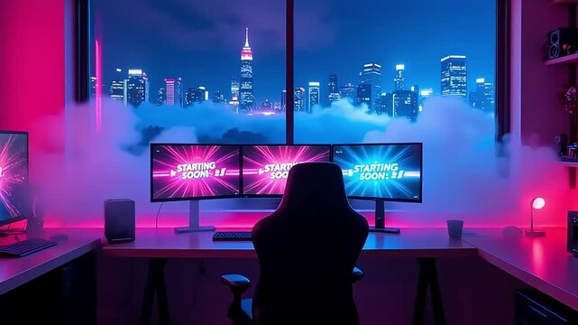 Gamer's neon-lit setup prepares for stream with city skyline view and "Starting Soon" screens