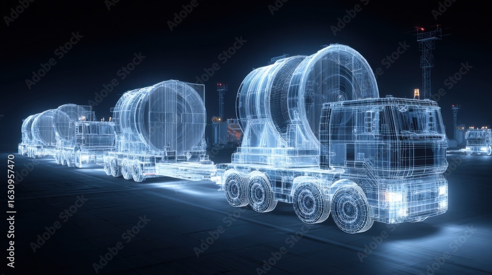 Poster a dynamic scene capturing robots loading completed turbines onto transport vehicles showcasing the f