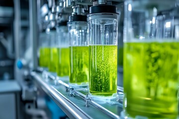 A row of cylindrical containers filled with green liquid on a conveyor belt in a laboratory setting