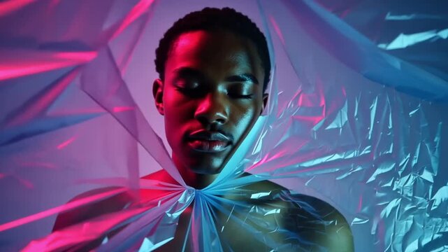 a black man covered with polythene face