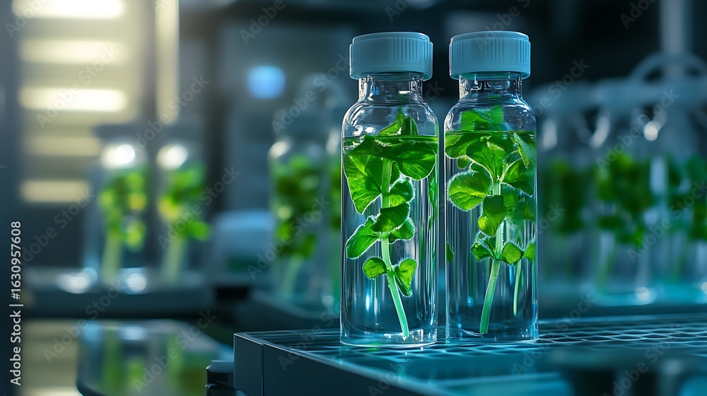 Poster close up of plants growing in clear bottles inside a laboratory setting with a blurred background