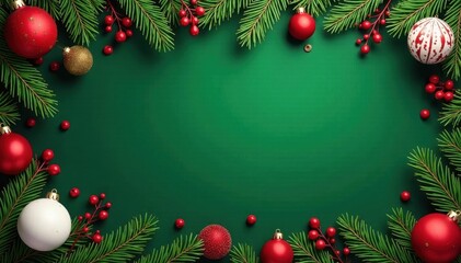 Festive red, green, white ornaments & branches form a charming Christmas border , frame, berries