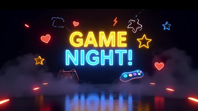 Vibrant neon 'GAME NIGHT!' sign with controllers and playful icons, perfect for exciting events and digital content.