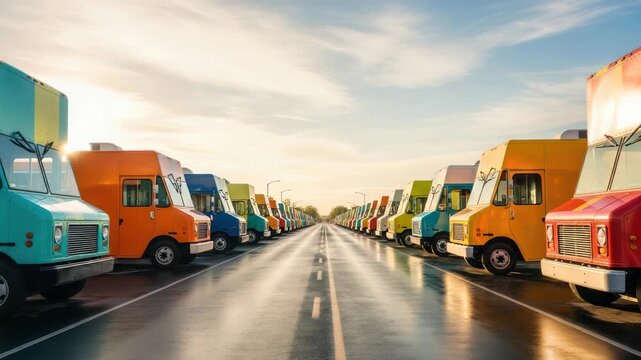 Vibrant fleet: A colorful display of food trucks in perfect symmetry against a sunny skyline