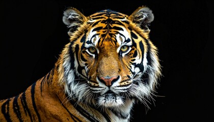 Majestic tiger portrait against a stark black background, showcasing its intense gaze and striking orange and black stripes.