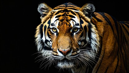 Naklejka premium Majestic tiger portrait against a stark black background, showcasing its intense gaze and striking orange and black stripes.