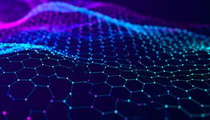 Abstract Digital Network with Hexagonal Grid and Neon Colors Illustrating Data Flow