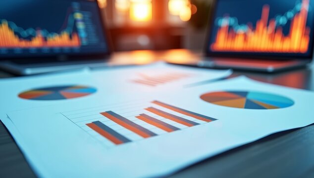 Financial charts and data on a computer screen illustrate the investment and money market, while a virus alert interrupts the e-commerce business concept.