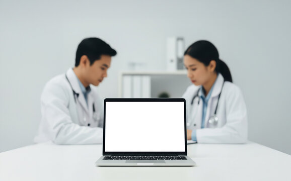 PC port&aacute;til con pantalla para rellenar. Dos m&eacute;dicos al fondo trabajando o platicando sobre tratamientos y evoluci&oacute;n de pacientes. Medicina y salud. Generated image