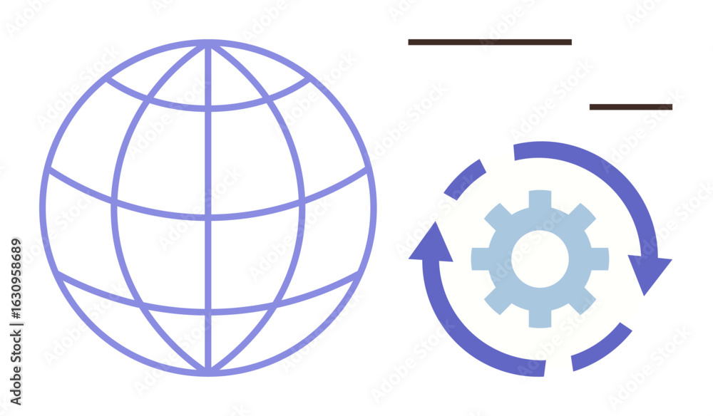 Poster simplified globe grid next to gear with arrows highlighting process automation. ideal for globalizat