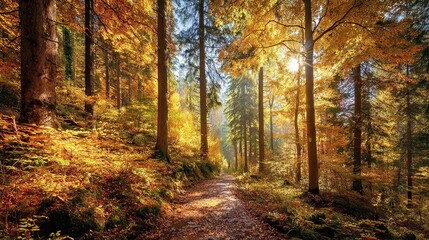 Naklejka premium Sunlit autumn path winds through a dense forest, golden leaves carpeting the ground and trees ablaze with vibrant fall colors. Sunlight streams through the canopy