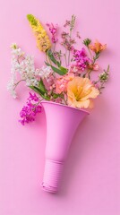 Assorted flowers in a pink vase on a pink background creating a soft and aesthetically pleasing image