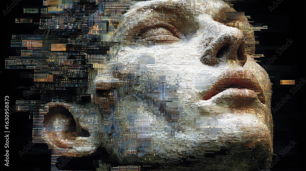 Poster digital human face fragmentation with data glitches for abstract art and technology themes