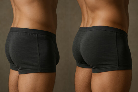 Side-by-side profile of male glute region before and after contour augmentation, visible enhancement of volume and muscle definition under studio lighting