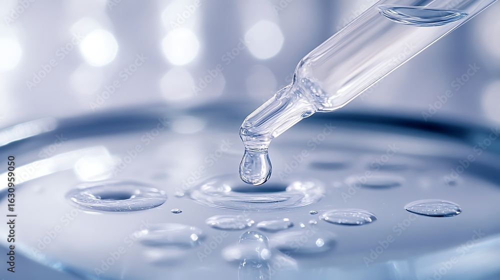 Poster a close up of a pipette dripping clear liquid onto a surface with existing droplets of the same liqu