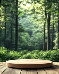 Wooden Round Platform Surrounded by Lush Green Forest Under Natural Light and Tranquil Atmosphere