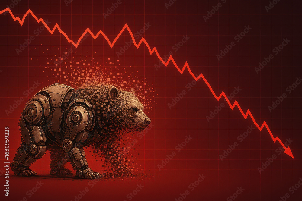 Aufkleber mechanical bear dissolves into pixels under falling red stock market finance graph symbolizing decli