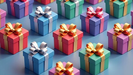 Obraz premium Array of vibrant gift boxes with shiny ribbons creates a joyful and celebratory atmosphere.