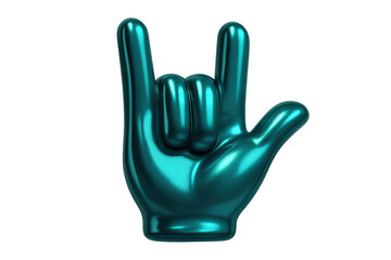 Obraz premium Metallic teal hand gesturing rock symbol, index and pinky fingers raised, against transparent backdrop
