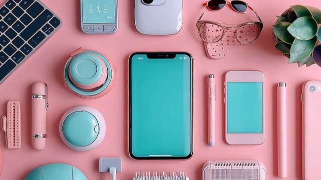 Flat lay with pink and teal gadgets for modern tech lifestyle feminine aesthetic minimalist design digital marketing creative arrangement stylish composition editorial concept