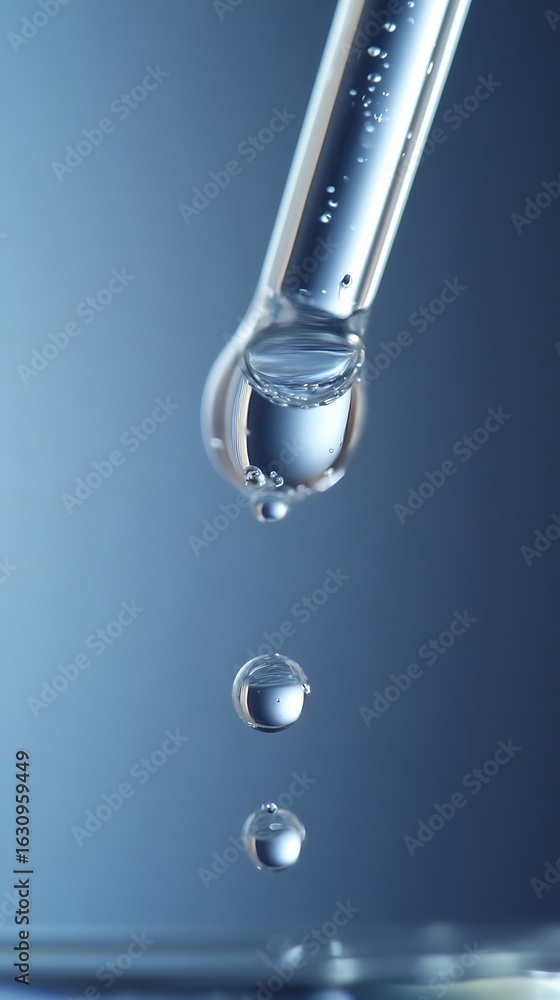 Poster Close up shot of a clear liquid dripping from a pipette with a blue gradient background in vertical format