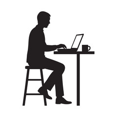 Man working on laptop at a table with coffee silhouette