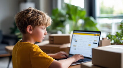 Young Boy Engaged in Online Shopping on Laptop Surrounded by Cardboard Boxes in Modern Interior
