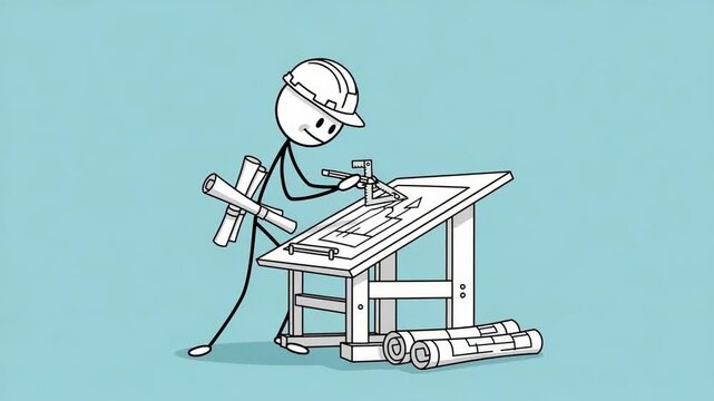 Stick Figure Architect Drawing Blueprints at Drafting Table