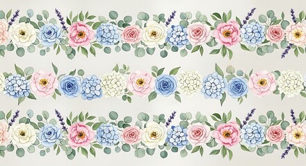 Elegant floral pattern with roses, hydrangeas and lavender in pastel colors perfect for backgrounds