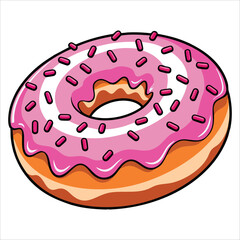 Delicious donut doughnut with purple frosting and sprinkles. Glazed pastry baked food outlined in icing art style ideal for sweet food and dessert designs.