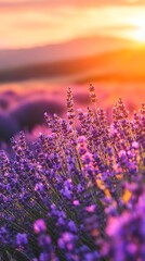 Naklejka premium Golden sunset paints a tranquil lavender field with vibrant purple blooms