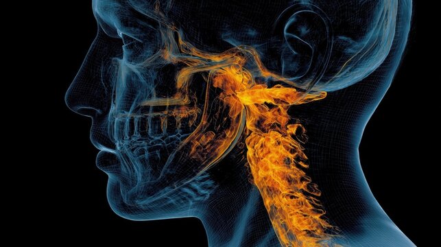 Dynamic overlay of parotid gland anatomy on human profile glowing orange area indicating painful viral parotitis infection.