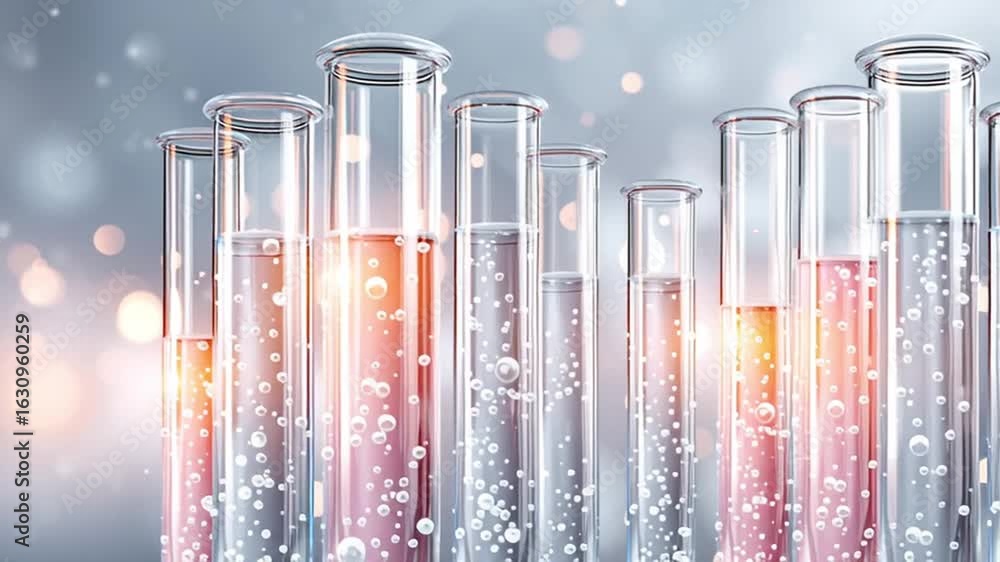 Poster biotechnology research concept featuring transparent test tubes filled with bubbling liquid and bubb