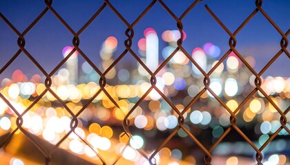 City lights through a chain-link fence at night