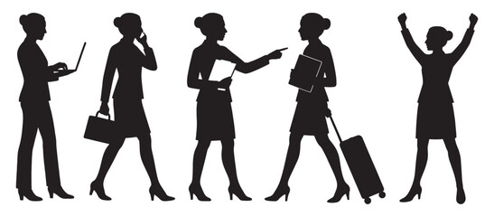 Diverse group of businesswomen in silhouette showing different actions silhouette