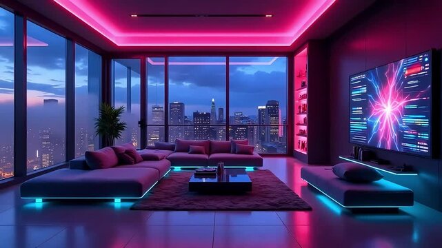 Luxurious modern penthouse living room with stunning city skyline views and vibrant neon lighting